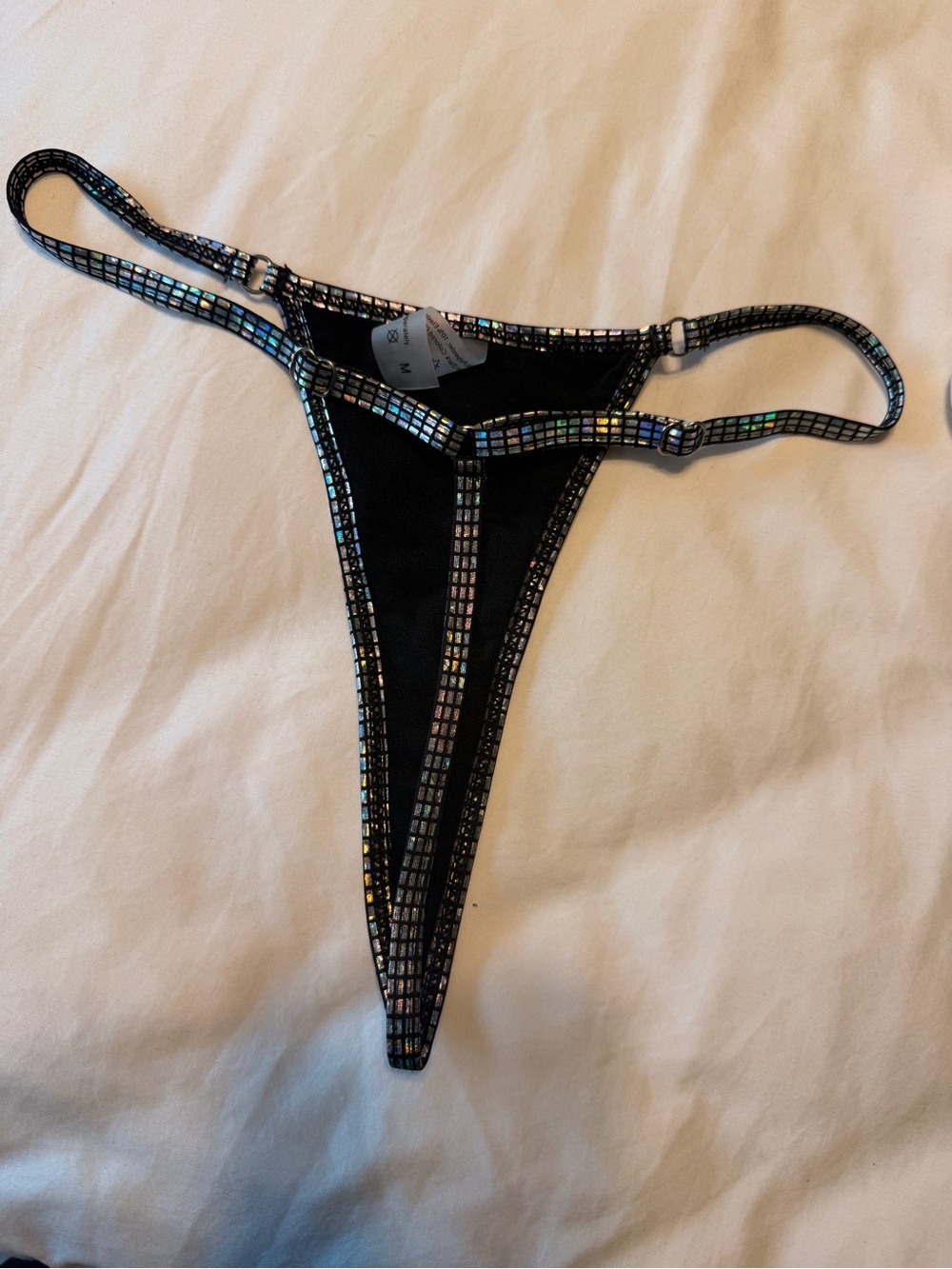 Holographic Square-Trim Thong Bikini Bottom - Black - Picture 2 of 2